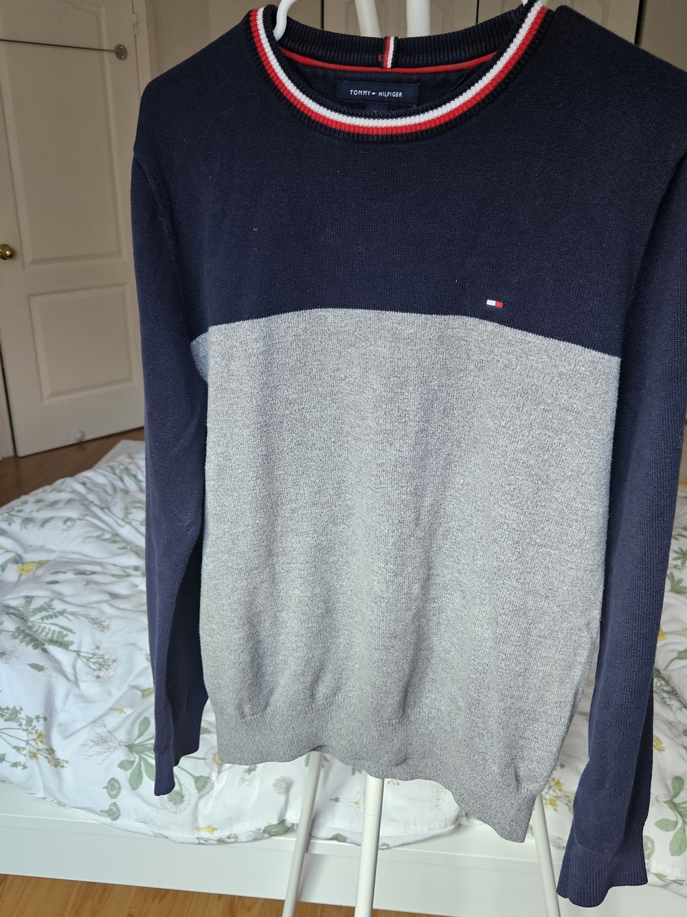 Tommy Hilfiger Navy, Gray and Red Trim Colorblock Crewneck Sweater